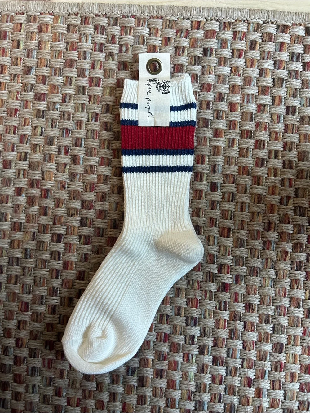 Free People White Crew Socks with Red and Navy Stripe Accents